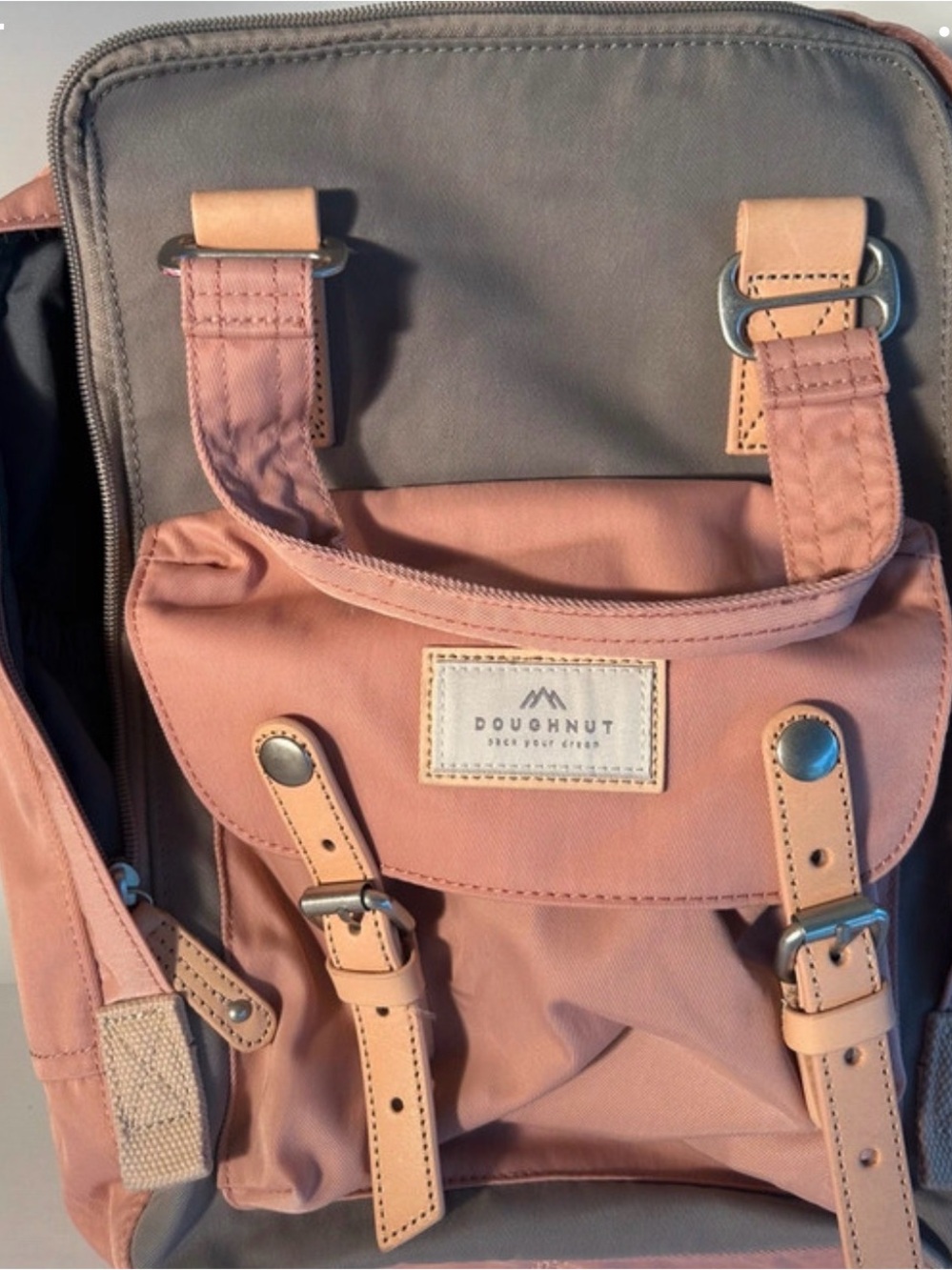 Doughnut Women's Pink Canvas Backpack with Tan Trim